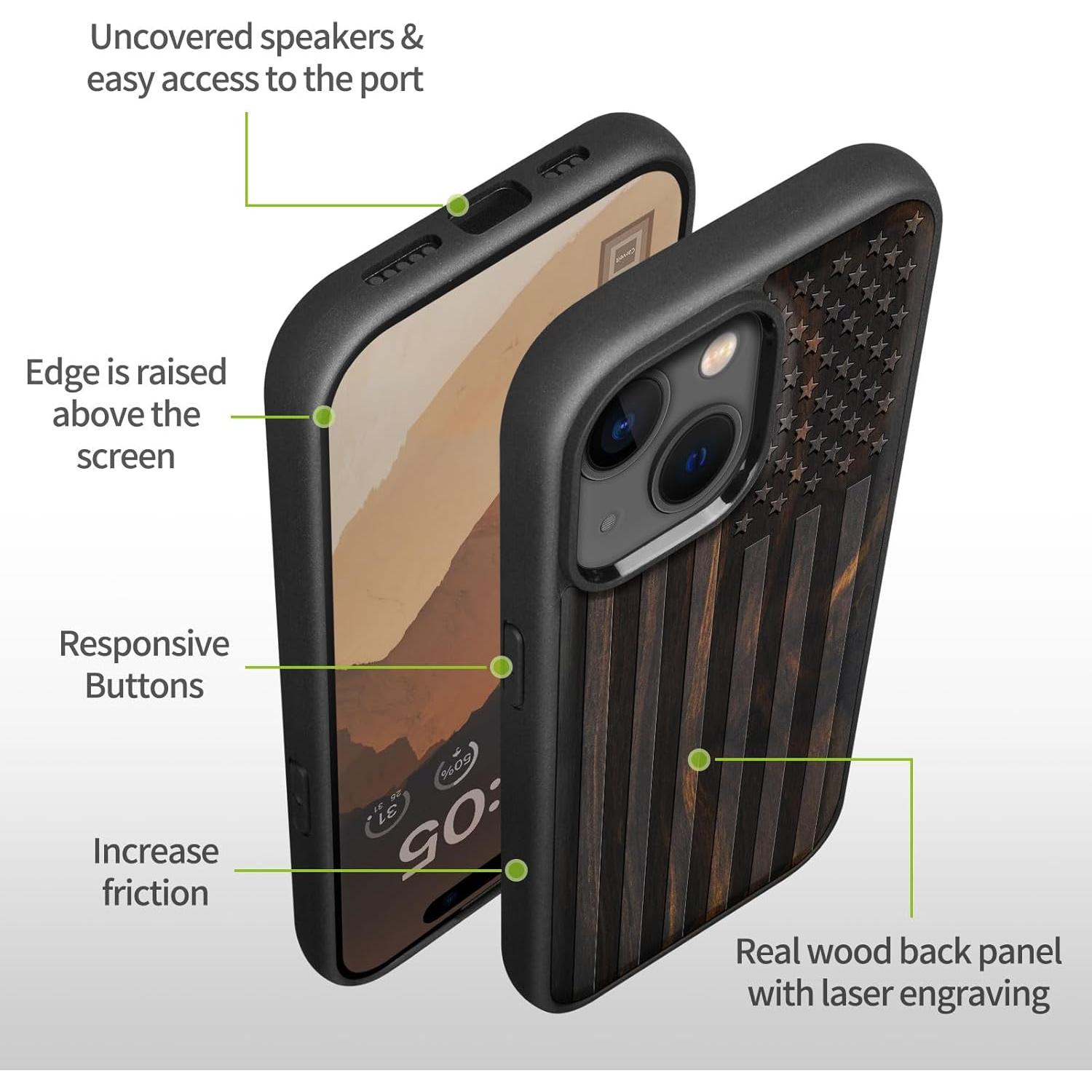 Funda de Madera Magnética Carveit para iPhone 15 - Bandera Americana