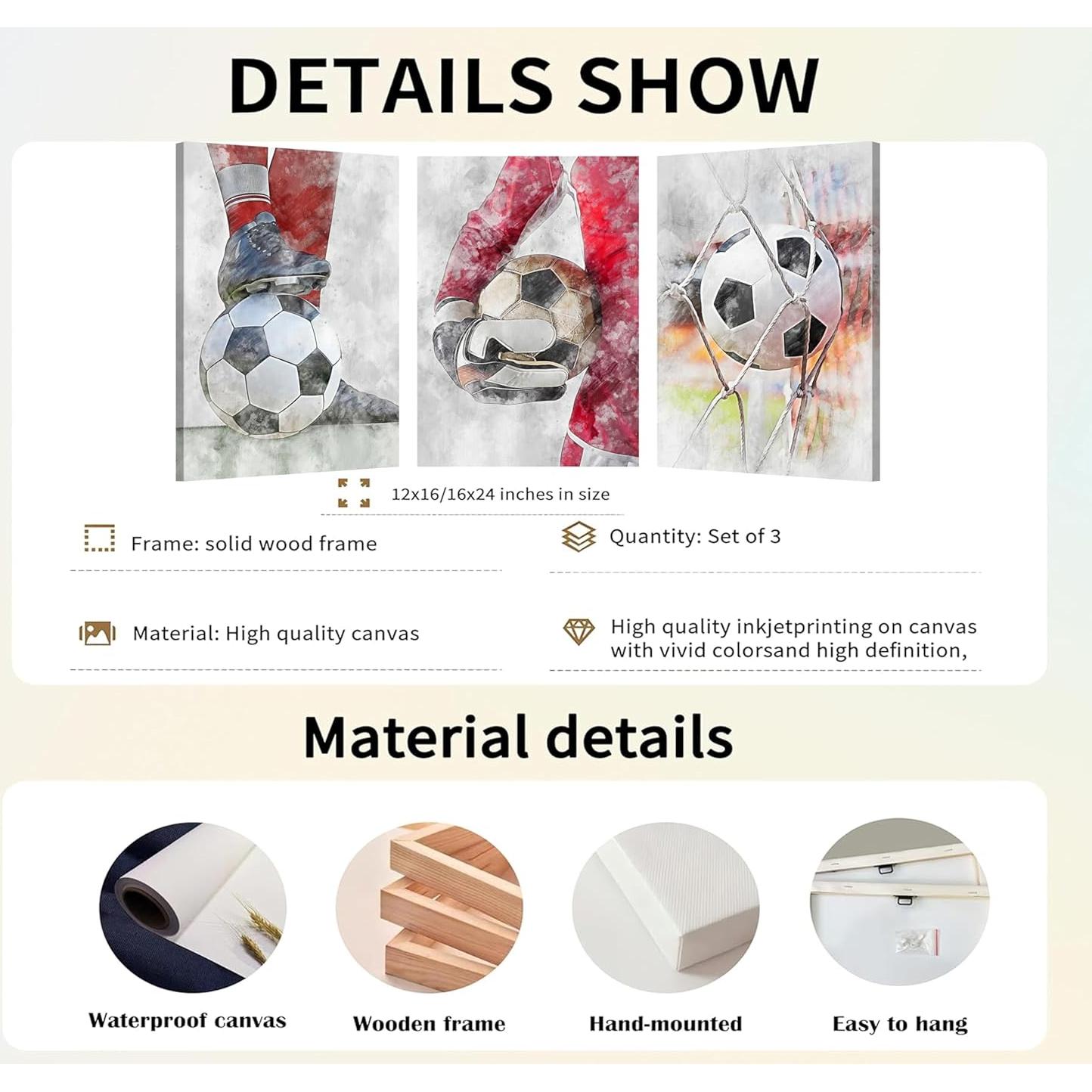 Arte de Pared de Fútbol YOXORDQ 3 Piezas 30.48x40.64cm