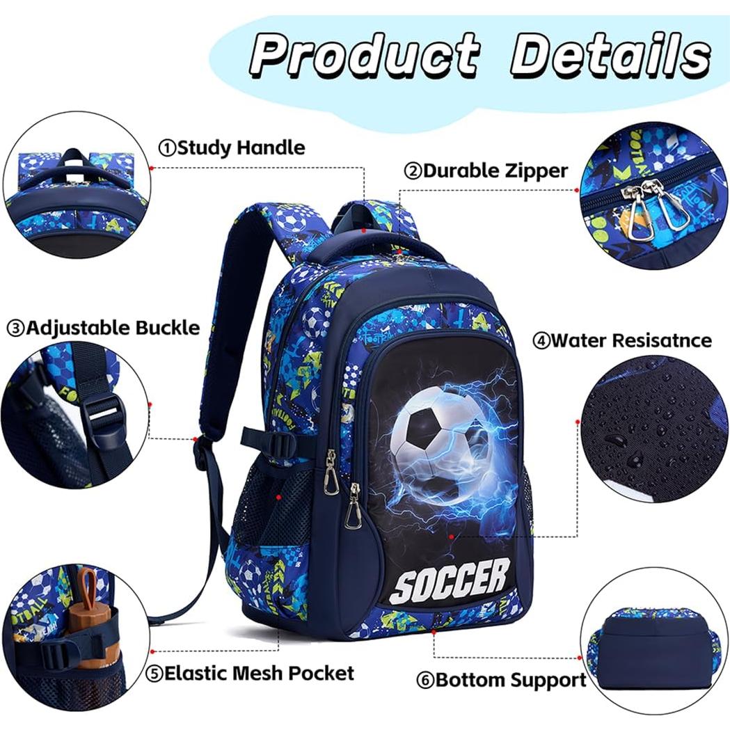Mochila Escolar para Niños QYTFOA Fútbol 25L Impermeable Azul