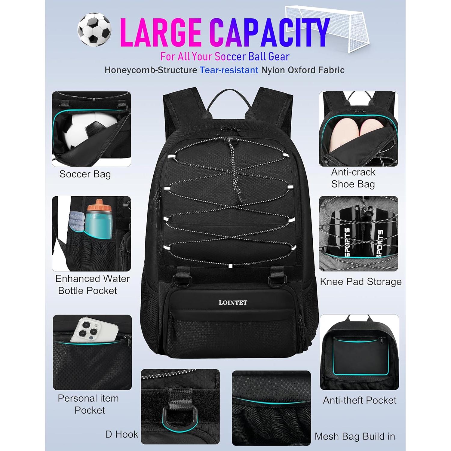 Mochila de Fútbol LOINTET Sp2005black, 11 Compartimentos, Negra