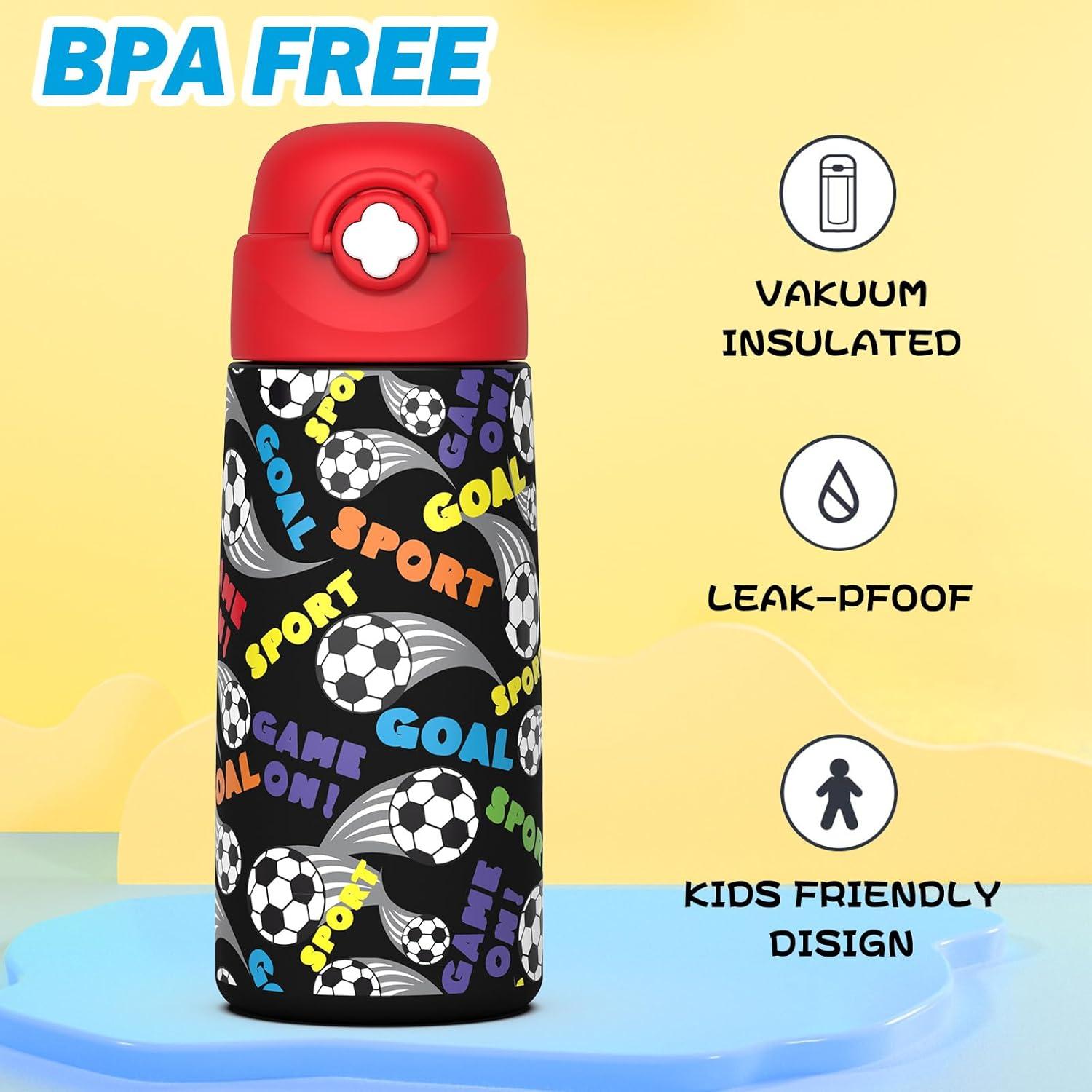 Botella Aislada para Niños Ntswasd 0.47L Acero Inoxidable Rojo Fútbol