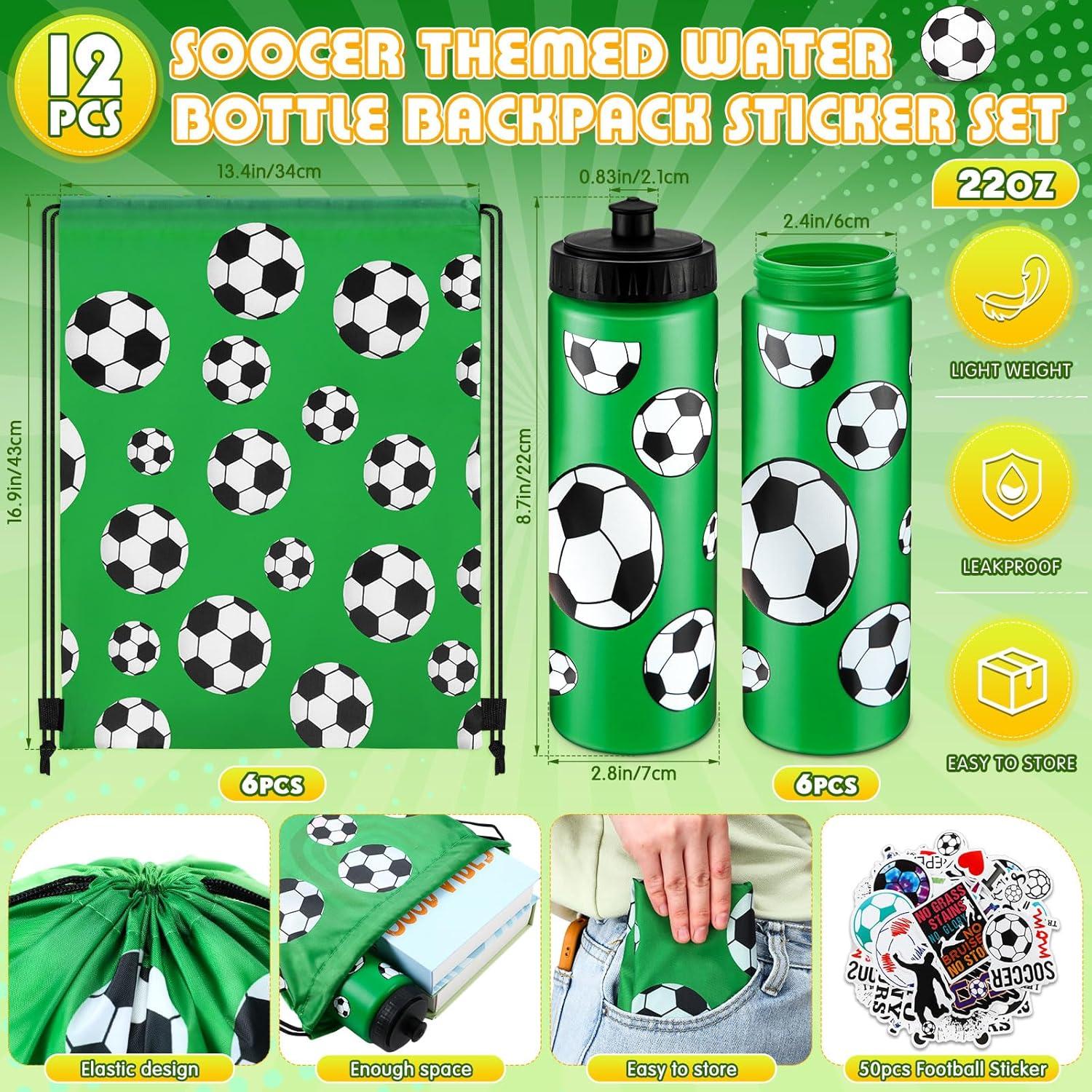 Set 24 Pcs Botellas de Agua Funnymoom Fútbol 20oz y Mochilas