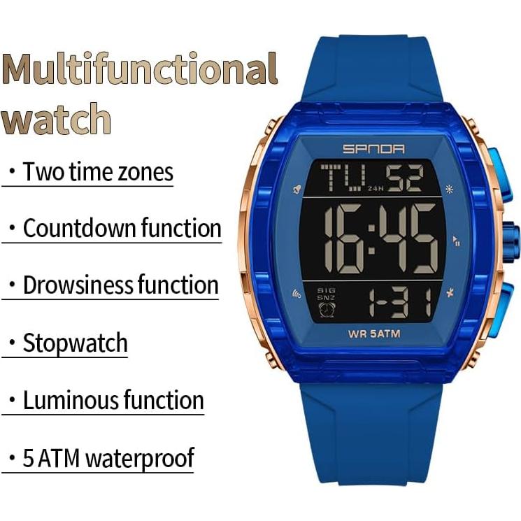 Reloj Digital PASOY Tonneau Doble Hora 5ATM Impermeable