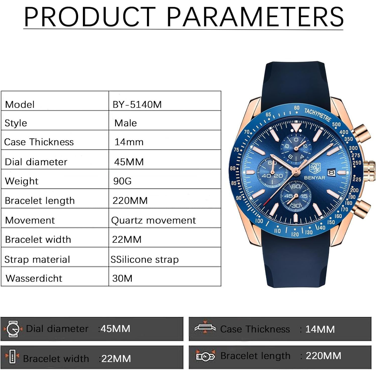 Reloj Cronógrafo de Cuarzo BENYAR BY-5140 Hombre 30M Impermeable