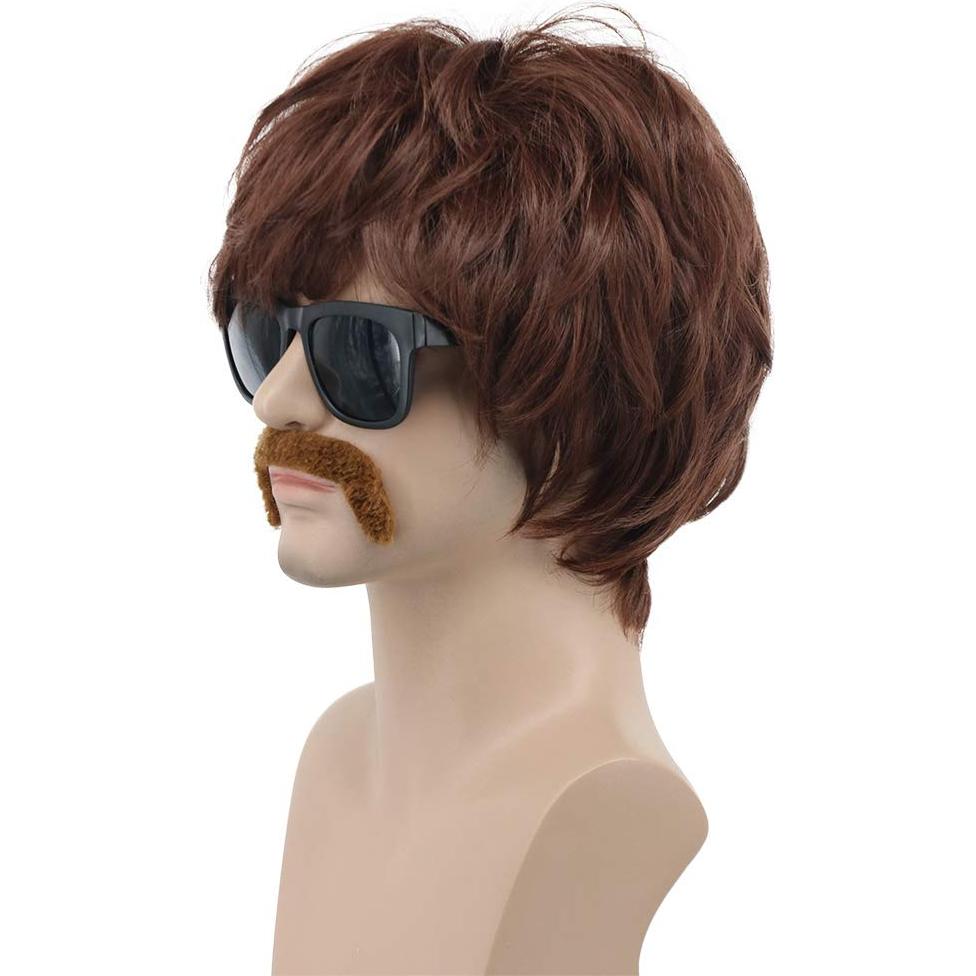 Peluca Disco para Hombres VGbeaty Marrón con Bigote 22.86 cm
