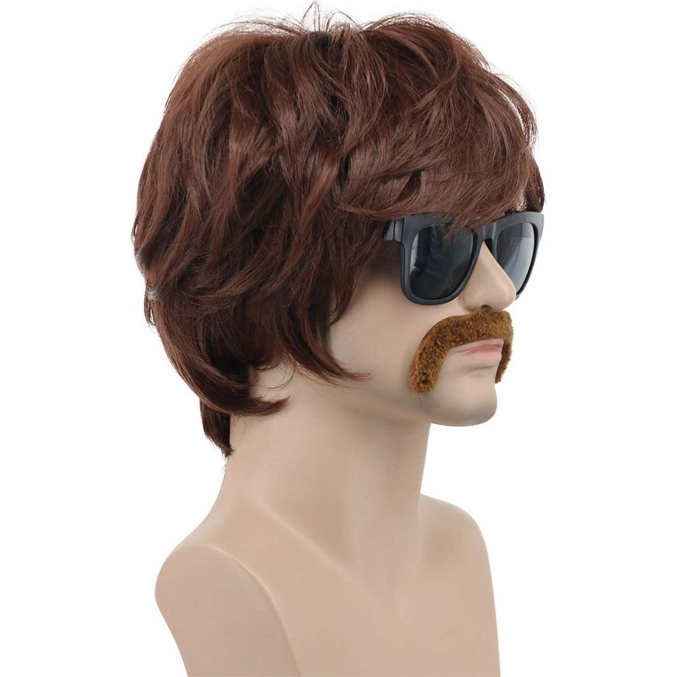 Peluca Disco para Hombres VGbeaty Marrón con Bigote 22.86 cm