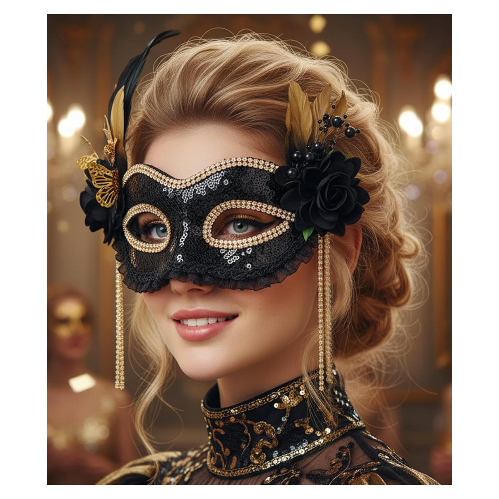 Máscara de Mascarada Negra con Plumas Doradas para Mujeres