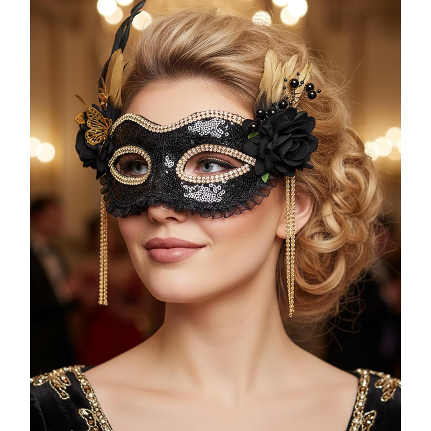 Máscara de Mascarada Negra con Plumas Doradas para Mujeres