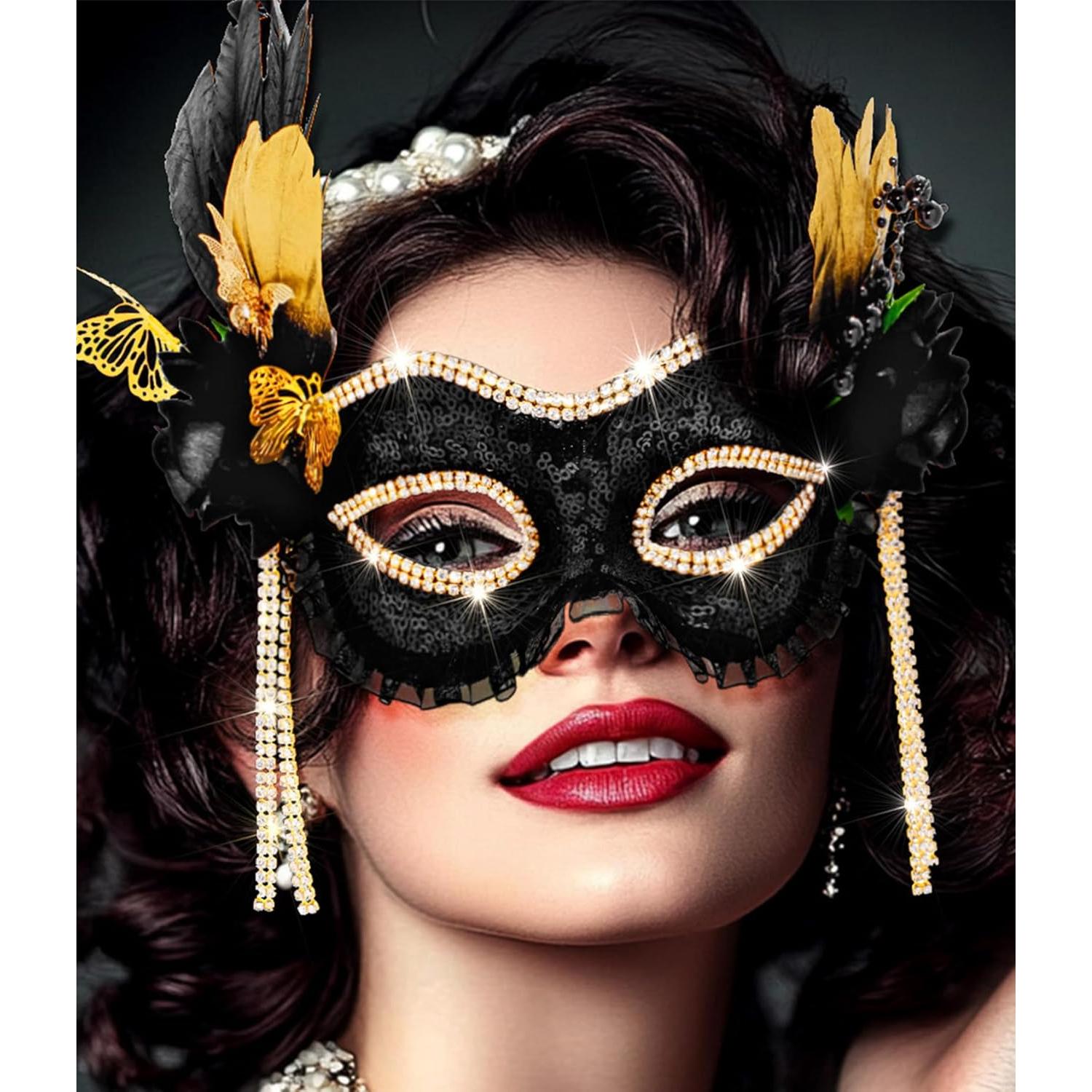 Máscara de Mascarada Negra con Plumas Doradas para Mujeres