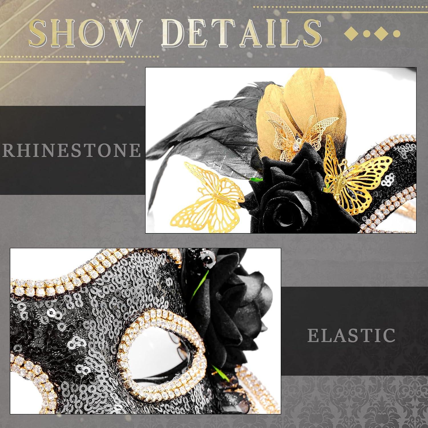 Máscara de Mascarada Negra con Plumas Doradas para Mujeres