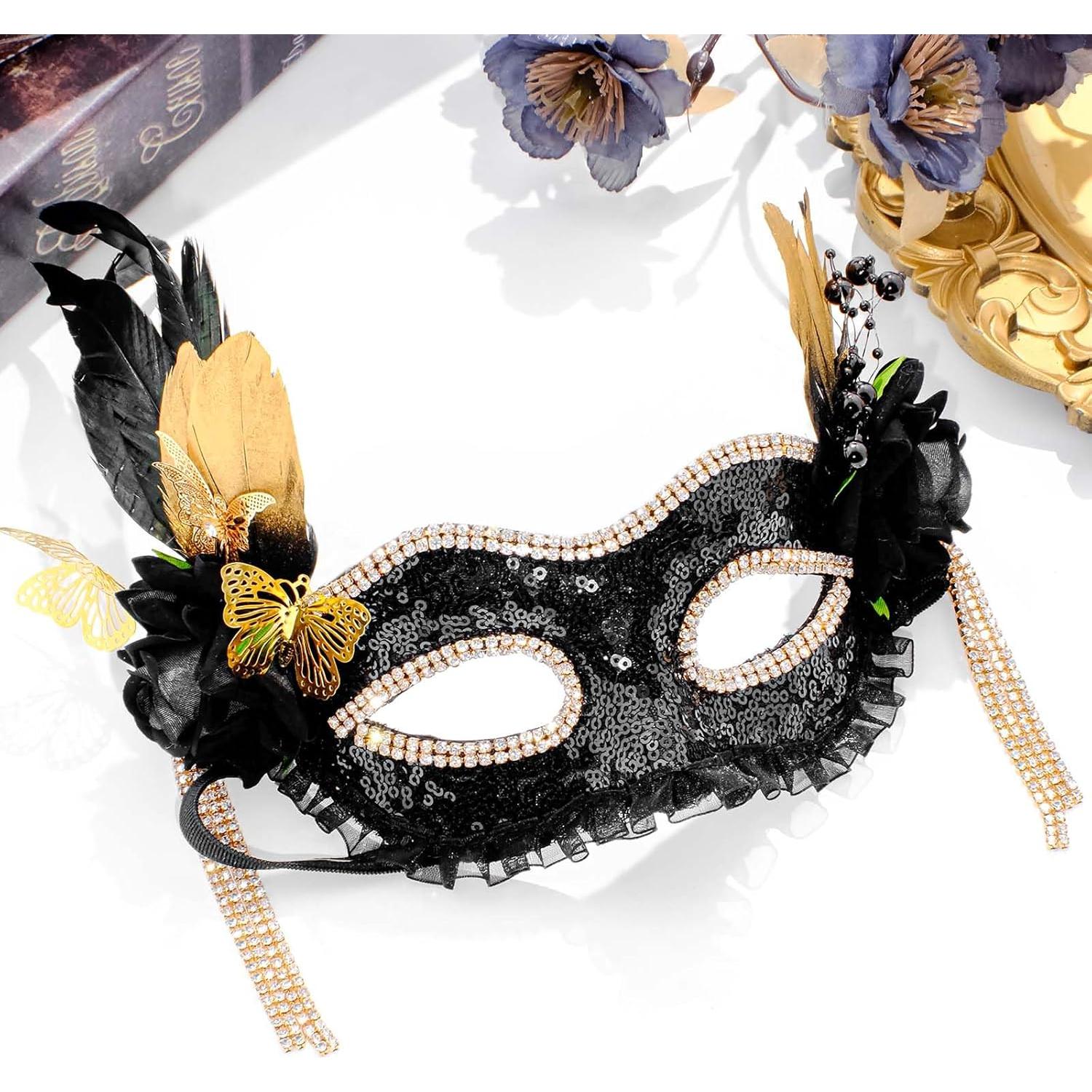 Máscara de Mascarada Negra con Plumas Doradas para Mujeres