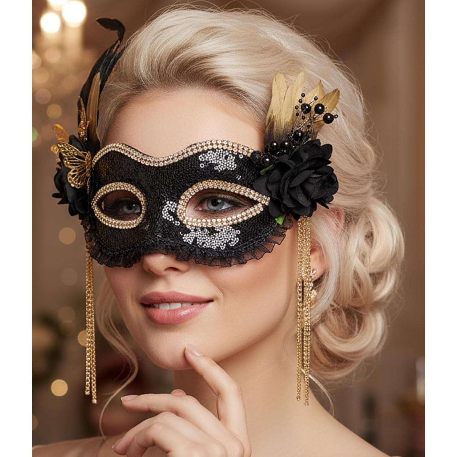 Máscara de Mascarada Negra con Plumas Doradas para Mujeres