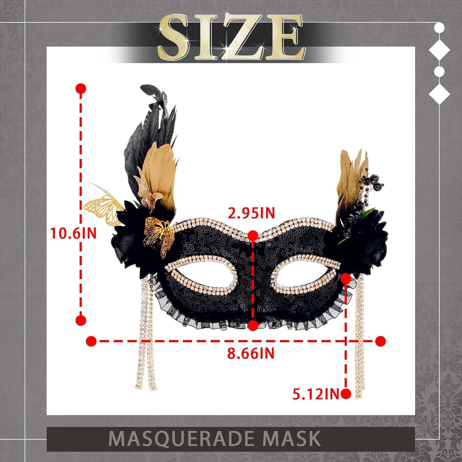 Máscara de Mascarada Negra con Plumas Doradas para Mujeres