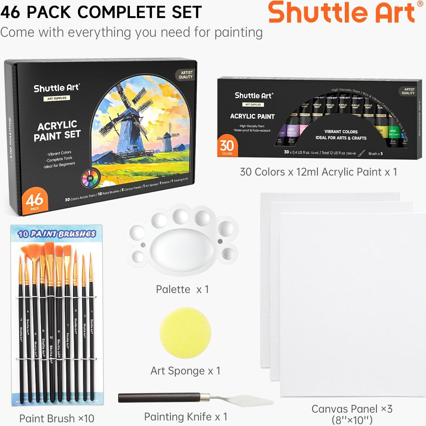 Conjunto de Pintura Acrílica Shuttle Art 46 Piezas 30 Colores