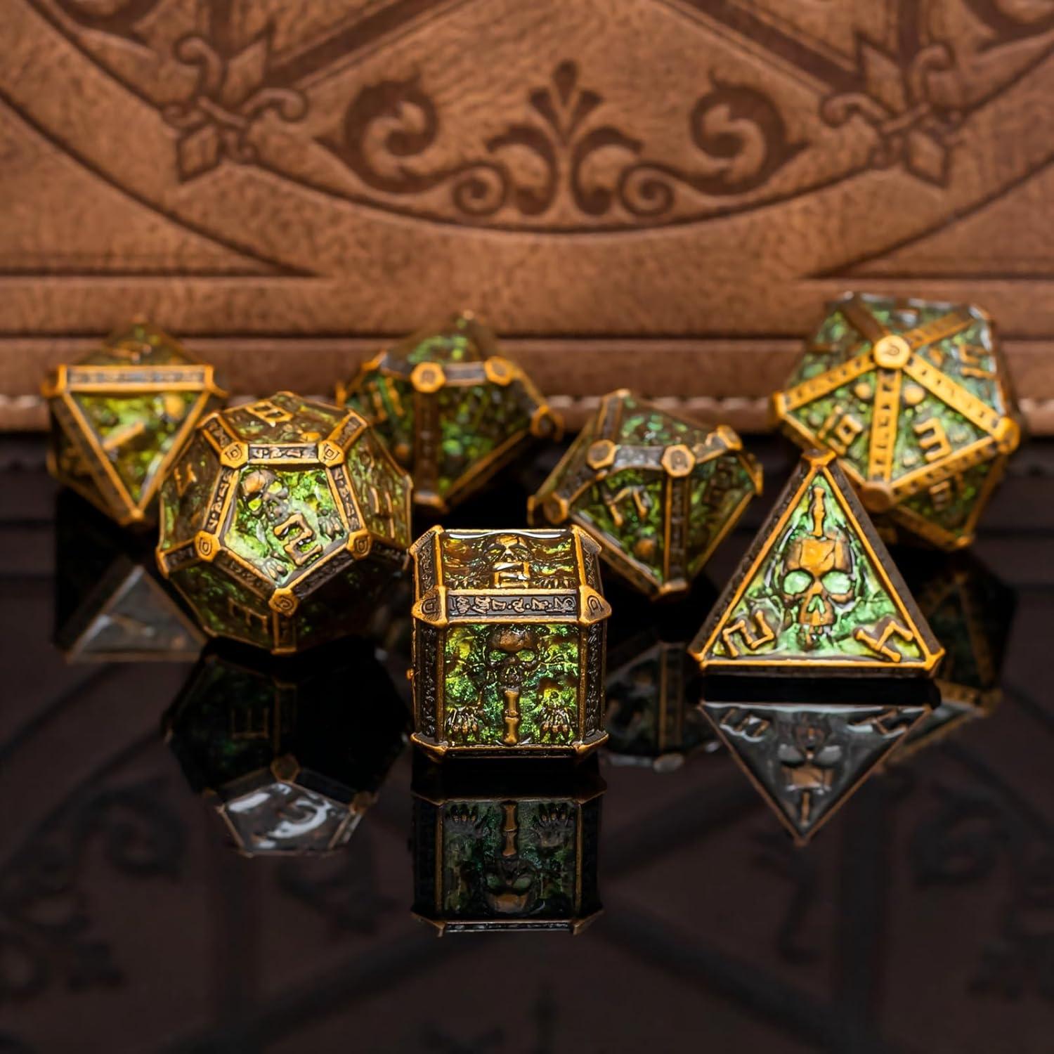Juego de Dados DND de Metal Rolledomain Calavera Bronce 7 Piezas