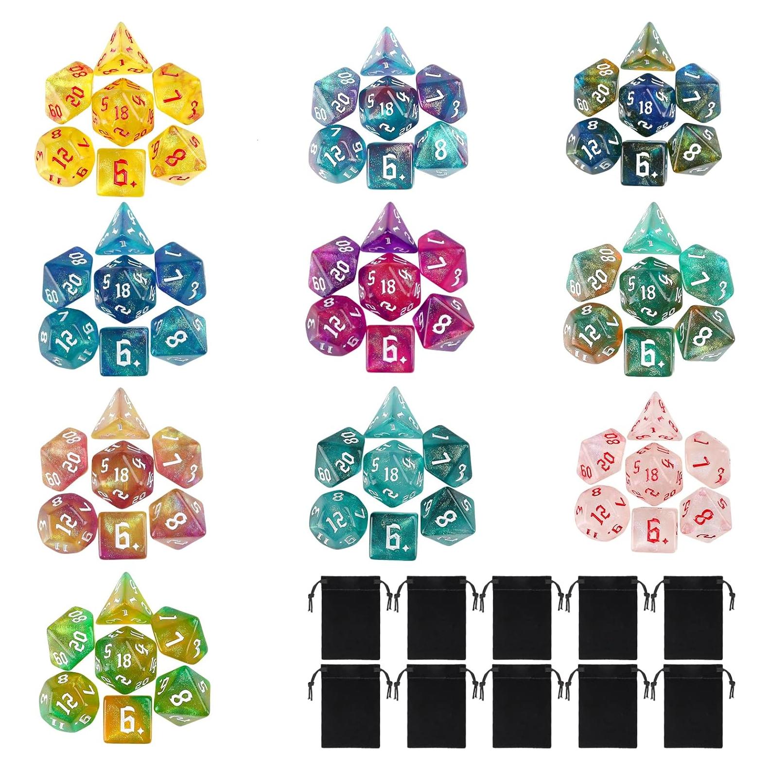 Juego de Dados Poliedricos DND Surhugvy 70 Piezas con 10 Bolsas