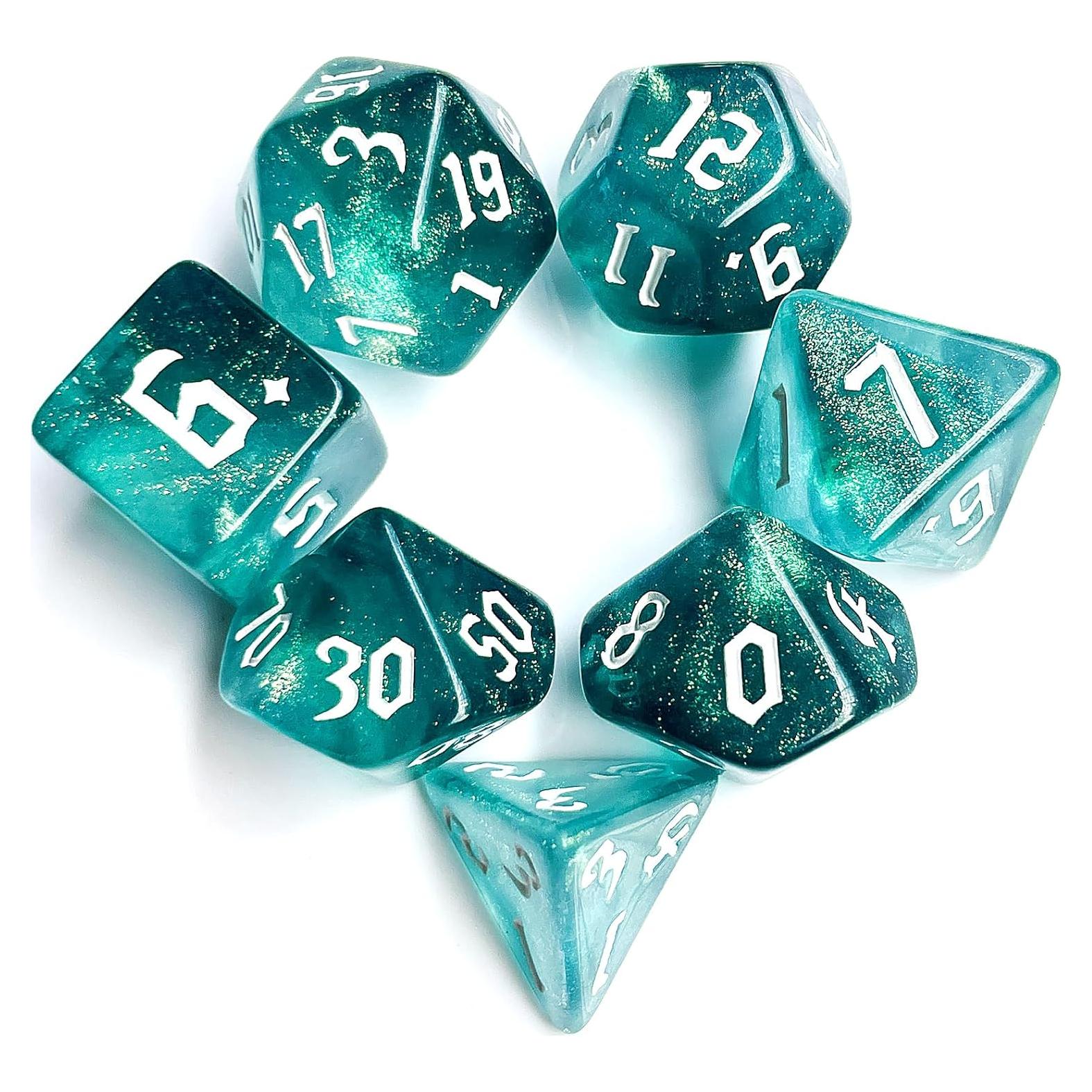 Set de Dados Poliedricos Teal Translúcido 7 Piezas para DND