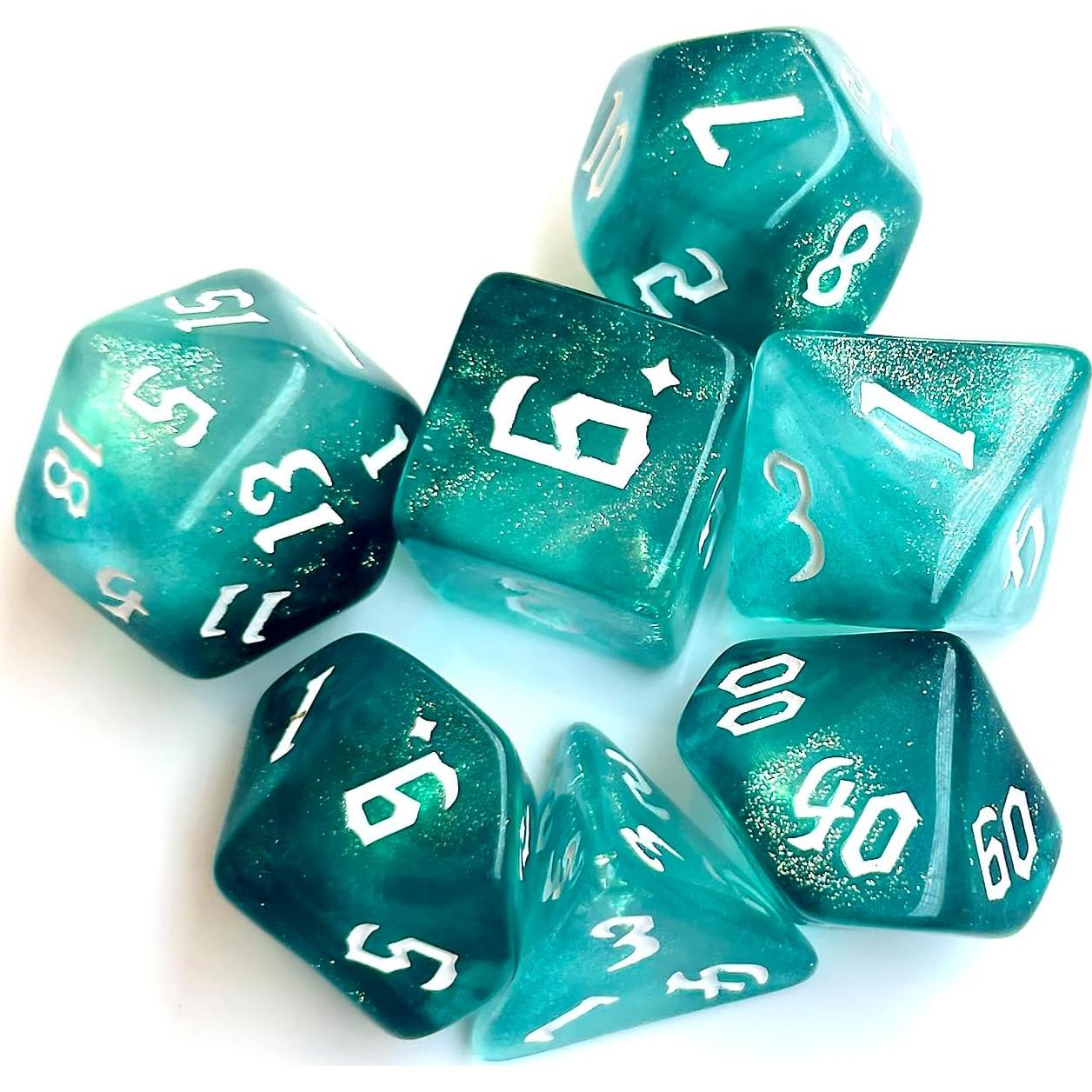 Set de Dados Poliedricos Teal Translúcido 7 Piezas para DND