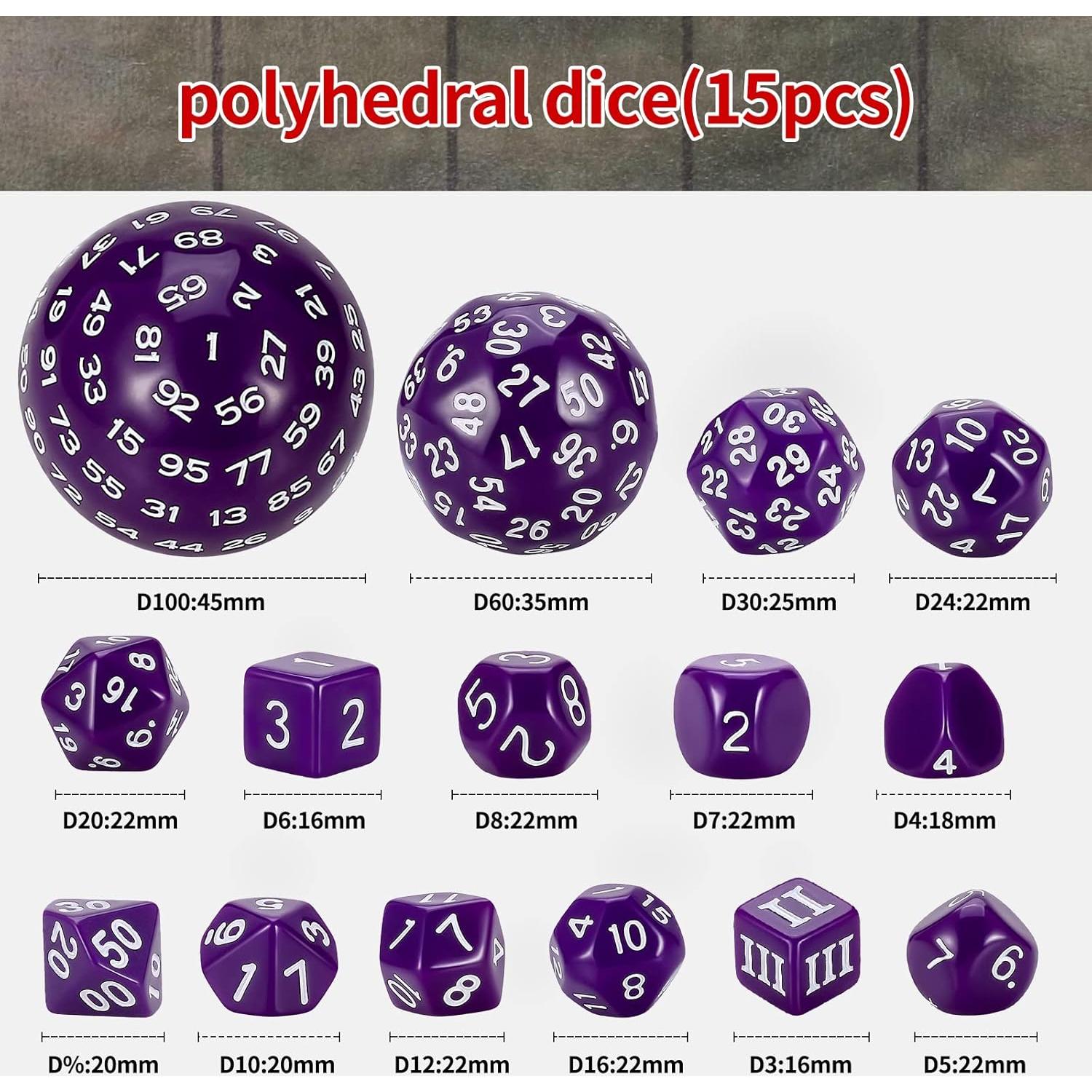 Conjunto de Dados Poliedricos CiaraQ DND 15pcs Acrílico Púrpura y Blanco