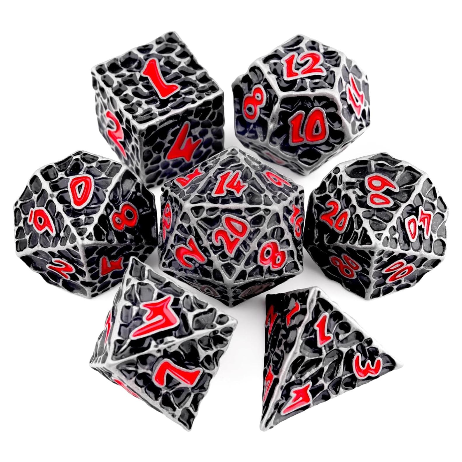 Juego de Dados D&D Haxtec de Metal 7 Piezas Hierro Antiguo Rojo