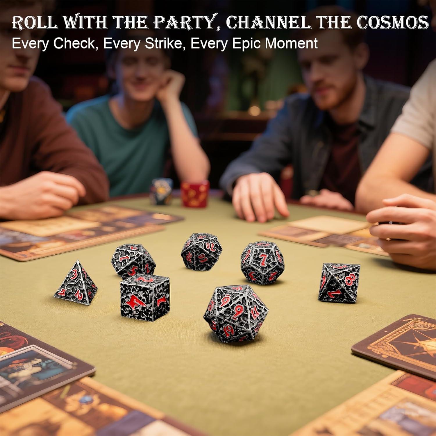 Juego de Dados D&D Haxtec de Metal 7 Piezas Hierro Antiguo Rojo