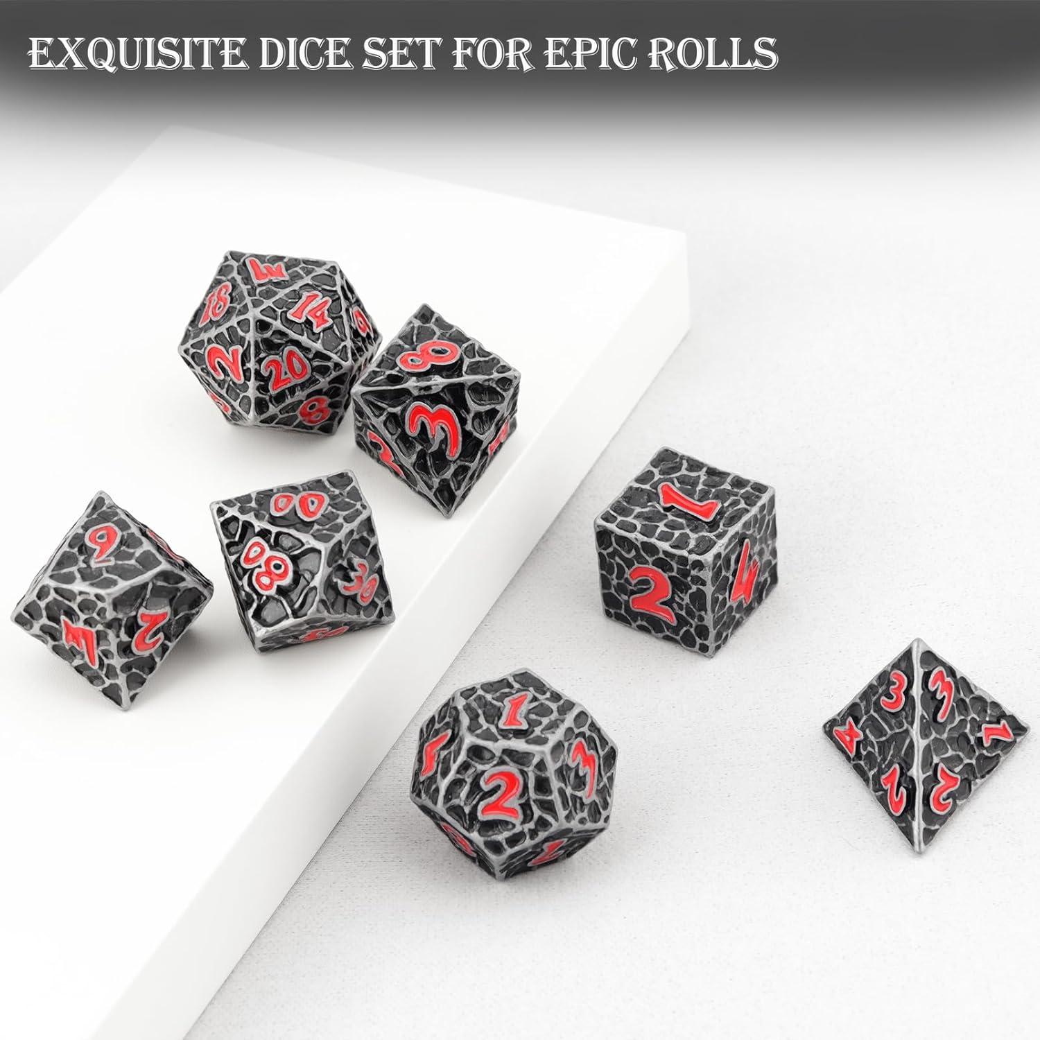 Juego de Dados D&D Haxtec de Metal 7 Piezas Hierro Antiguo Rojo