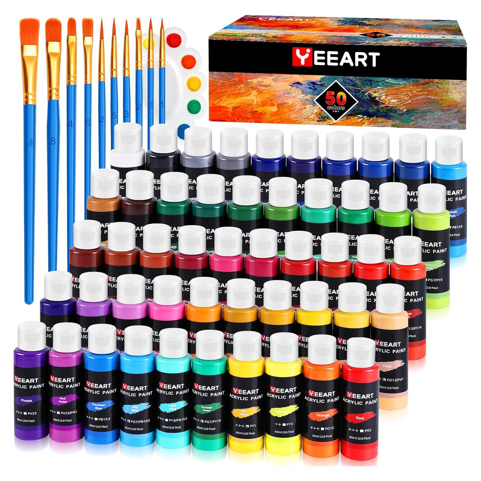 Juego de Pintura Acrílica Yeeart 50 Colores 60ml con Pinceles