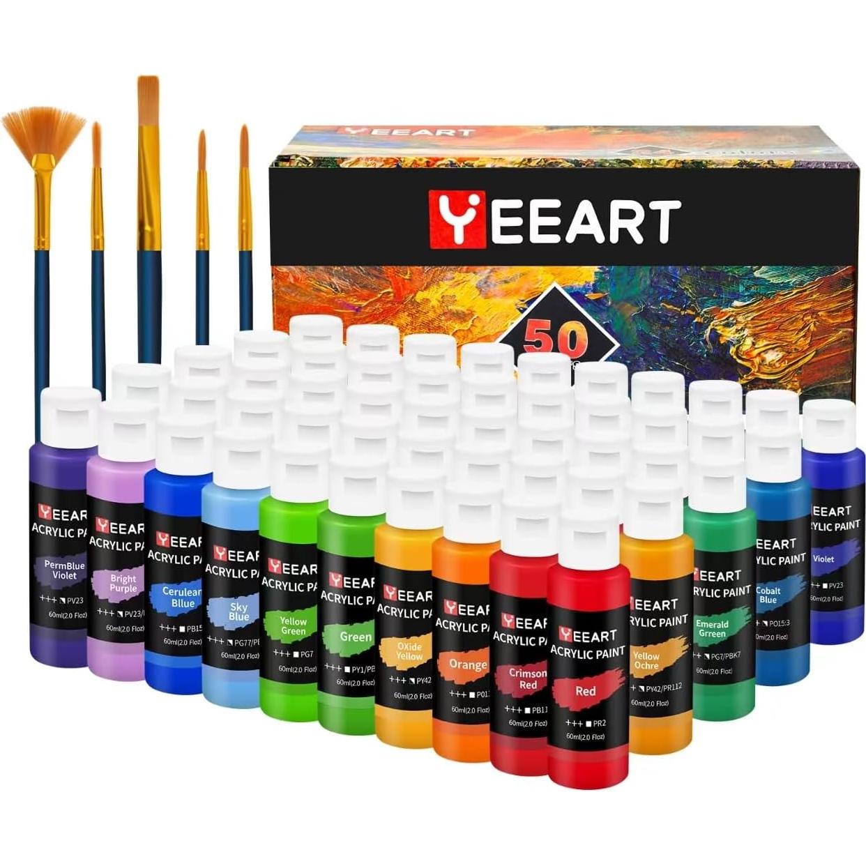 Juego de Pintura Acrílica Yeeart 50 Colores 60ml con Pinceles