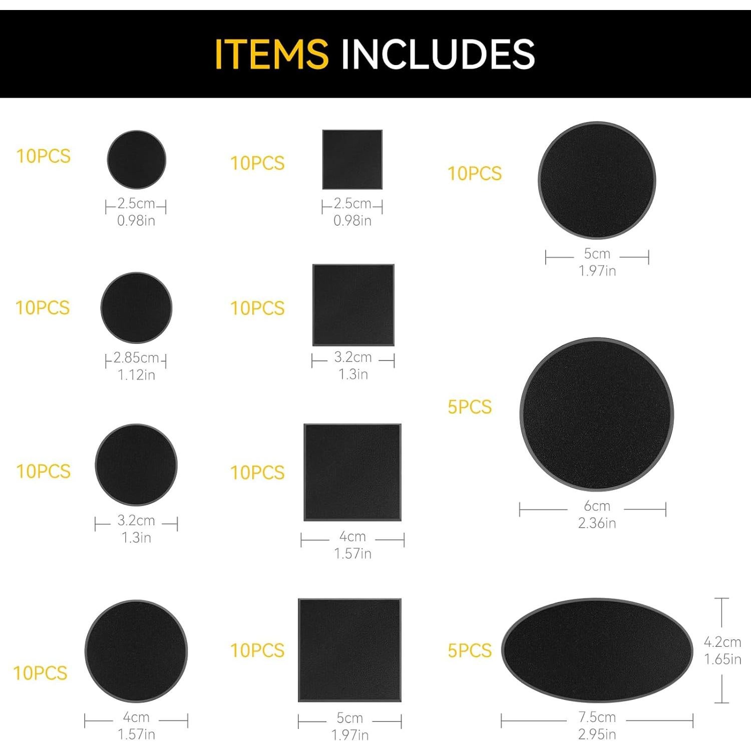 100PCS Bases de Miniatura Negras Cuadradas Redondas Ovaladas