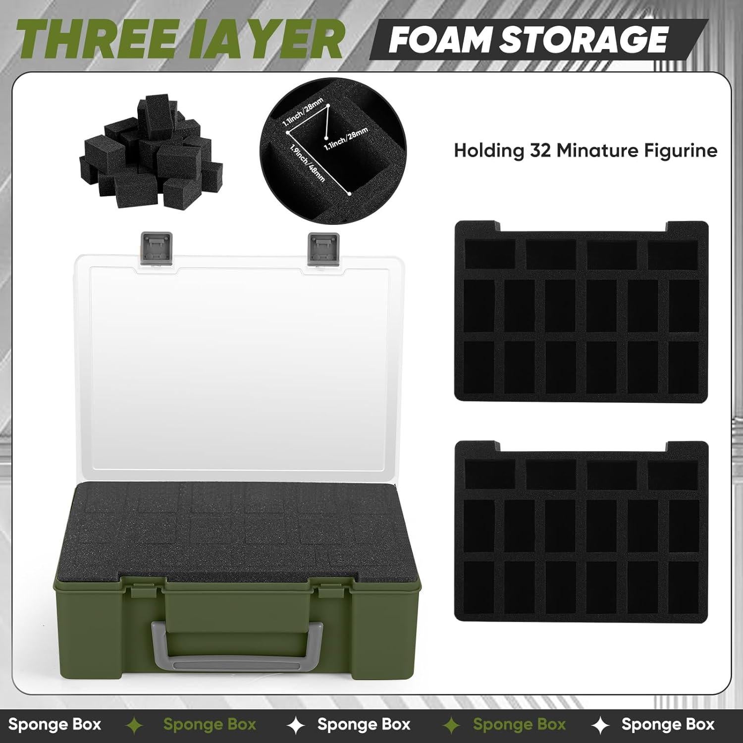 Caja de Transporte para Miniaturas MADCAT 32 Slots Espuma Verde