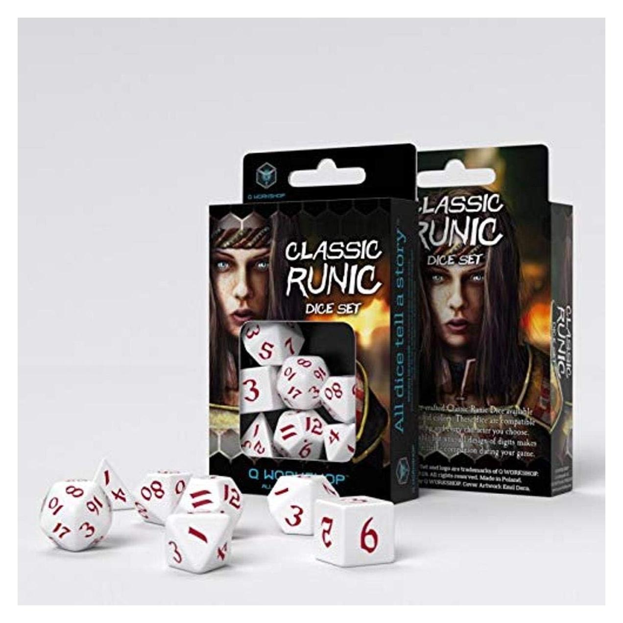 Juego de Dados Rúnicos Clásicos Q-Workshop Blanco y Rojo (7 piezas)