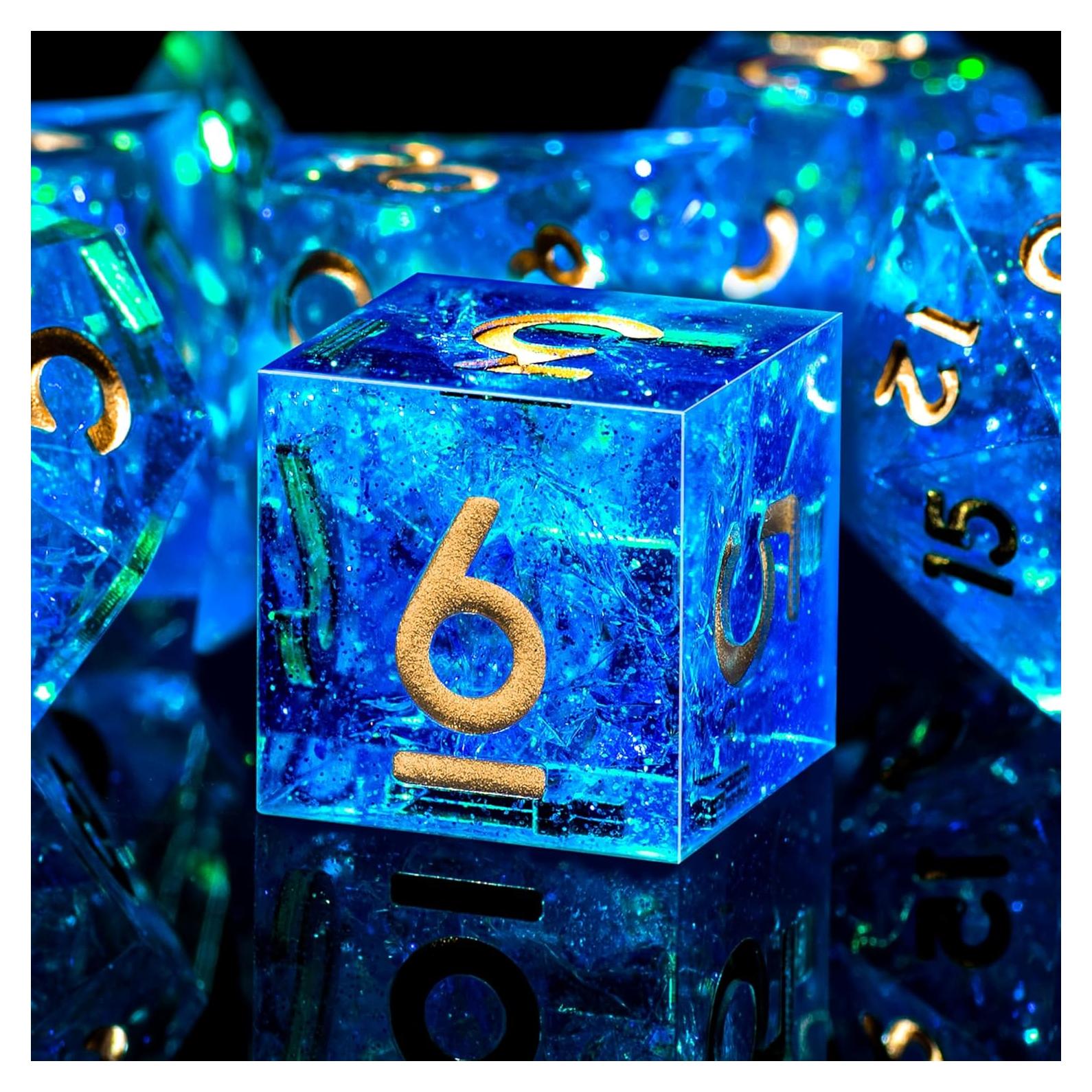 Juego de Dados DND AUSTOR 7 Caras Hecho a Mano Azul y Dorado