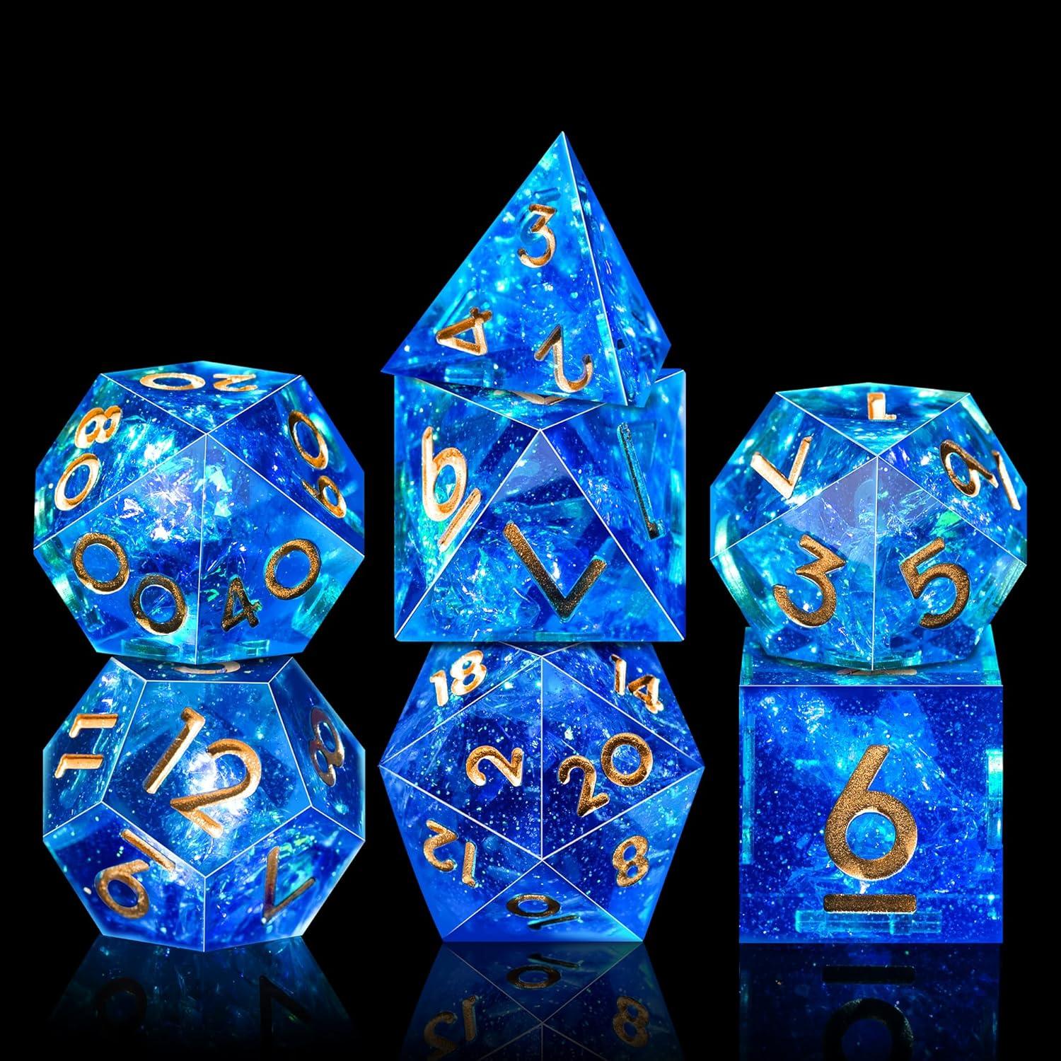 Juego de Dados DND AUSTOR 7 Caras Hecho a Mano Azul y Dorado