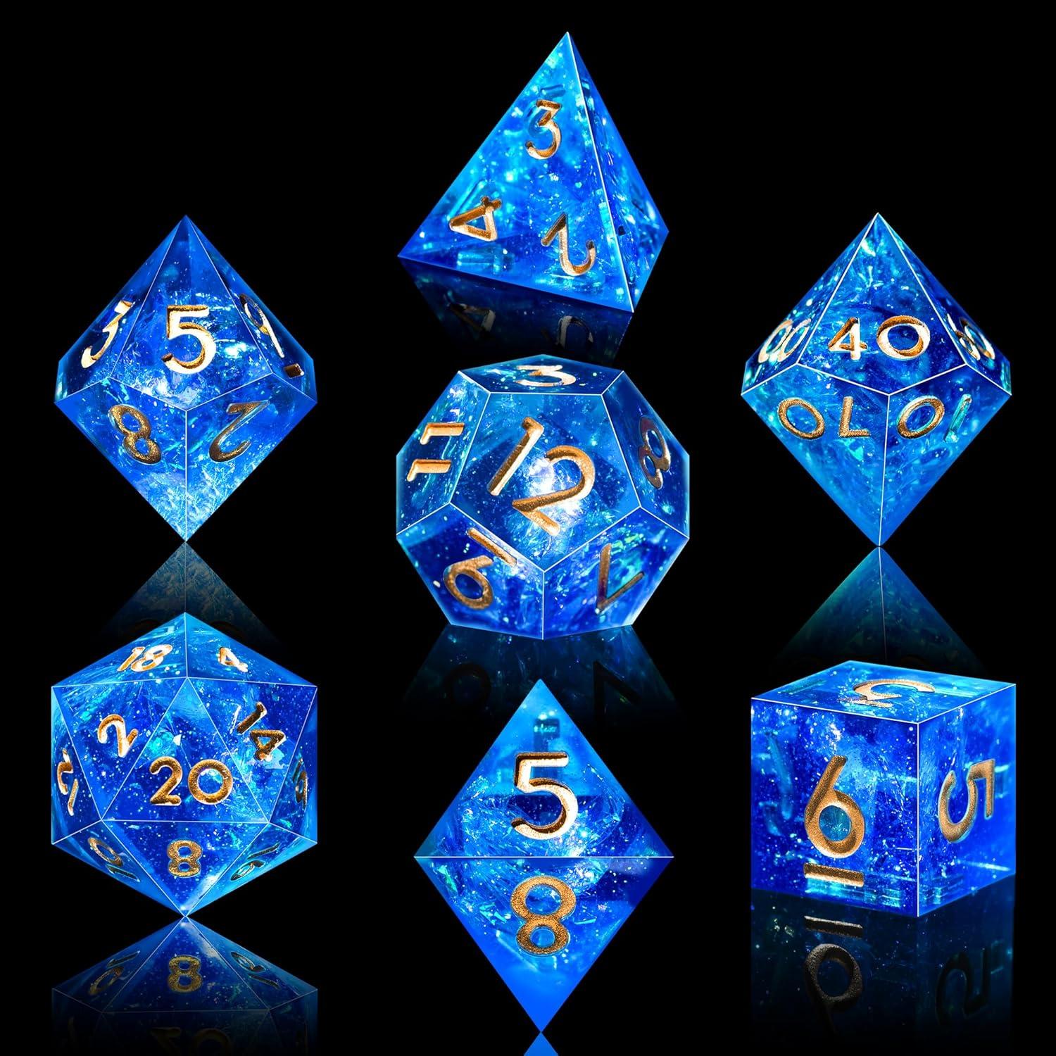 Juego de Dados DND AUSTOR 7 Caras Hecho a Mano Azul y Dorado