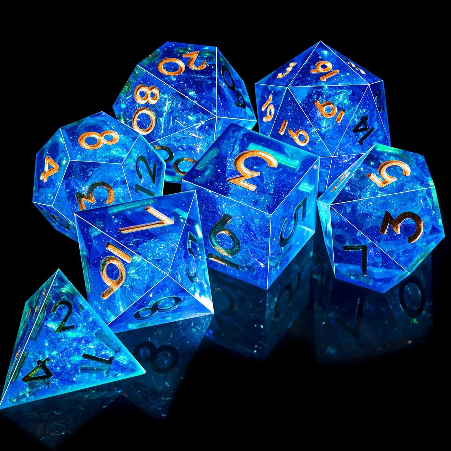 Juego de Dados DND AUSTOR 7 Caras Hecho a Mano Azul y Dorado