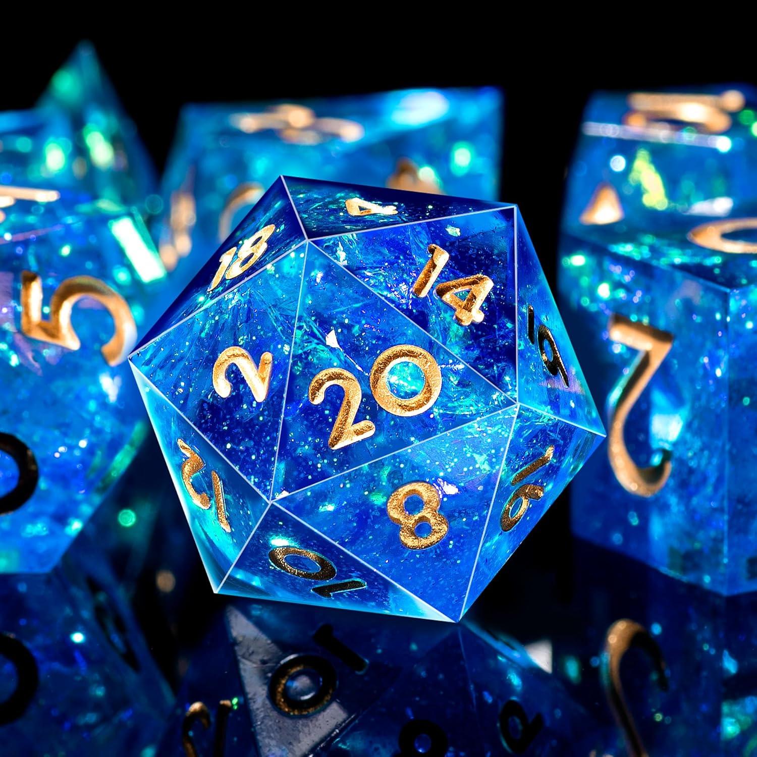 Juego de Dados DND AUSTOR 7 Caras Hecho a Mano Azul y Dorado