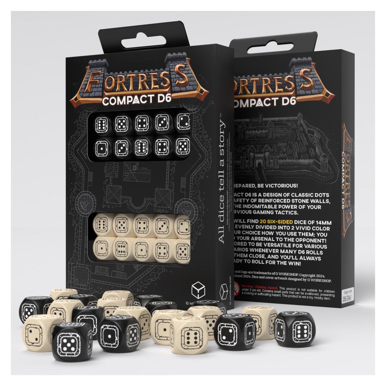 Dados D6 Q-Workshop Fortaleza Compacta 20 Piezas Negro Beige 14mm
