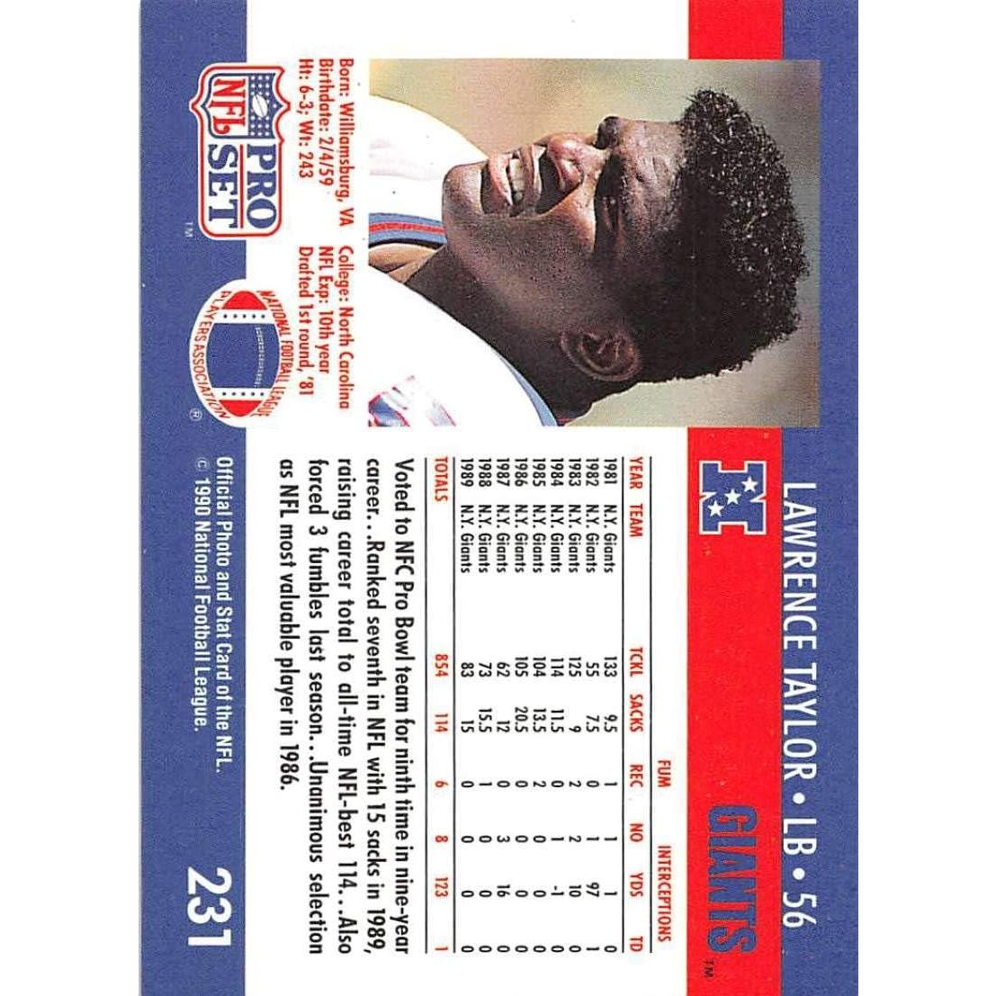Tarjeta de Colección Pro Set 1990 #231 Lawrence Taylor