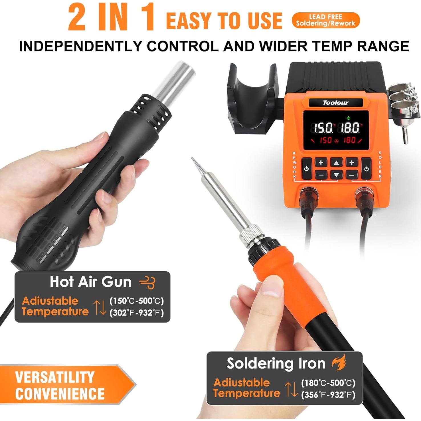 Estación de Soldadura 2-en-1 Toolour 851D con 9 Accesorios