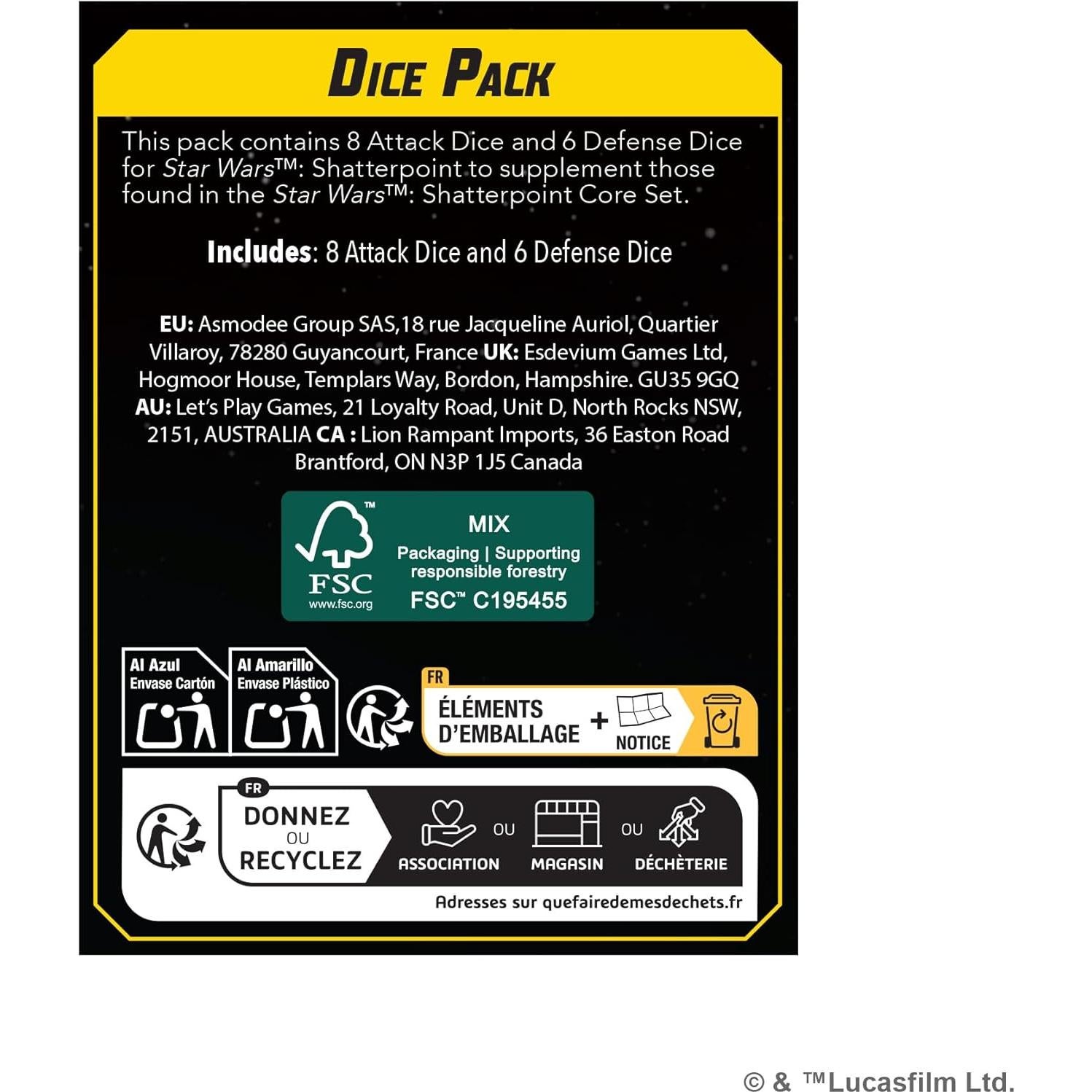 Paquete de Dados Star Wars Shatterpoint - 8 Ataque y 6 Defensa