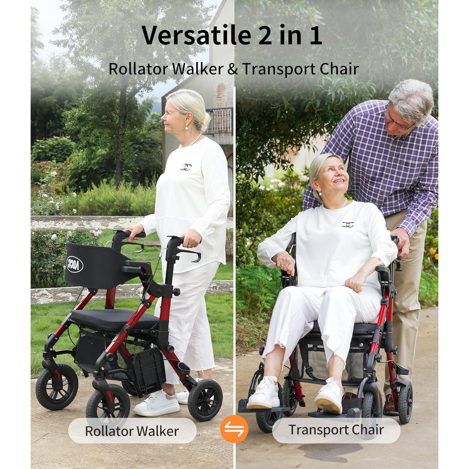 Caminador y Silla de Ruedas VOCIC Z51 2 en 1 Plegable Rojo