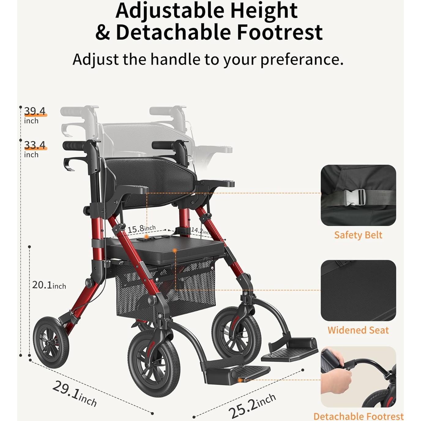 Caminador y Silla de Ruedas VOCIC Z51 2 en 1 Plegable Rojo