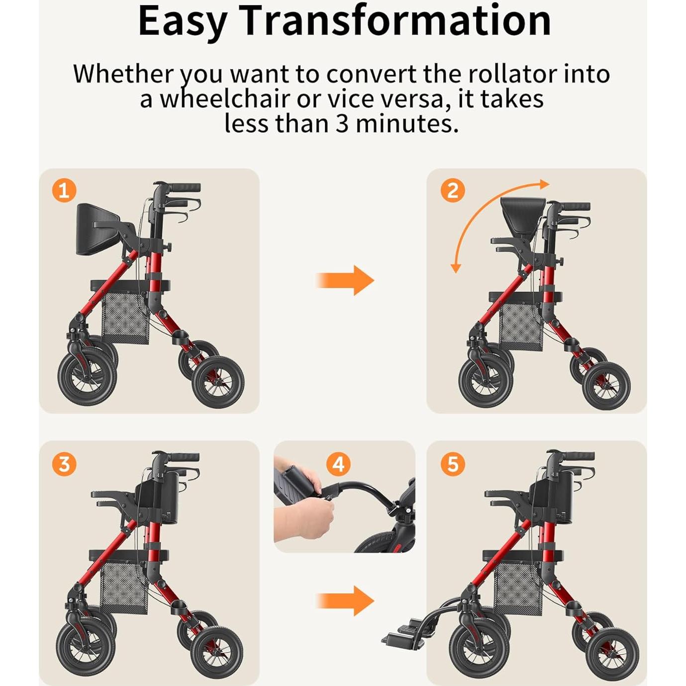 Caminador y Silla de Ruedas VOCIC Z51 2 en 1 Plegable Rojo