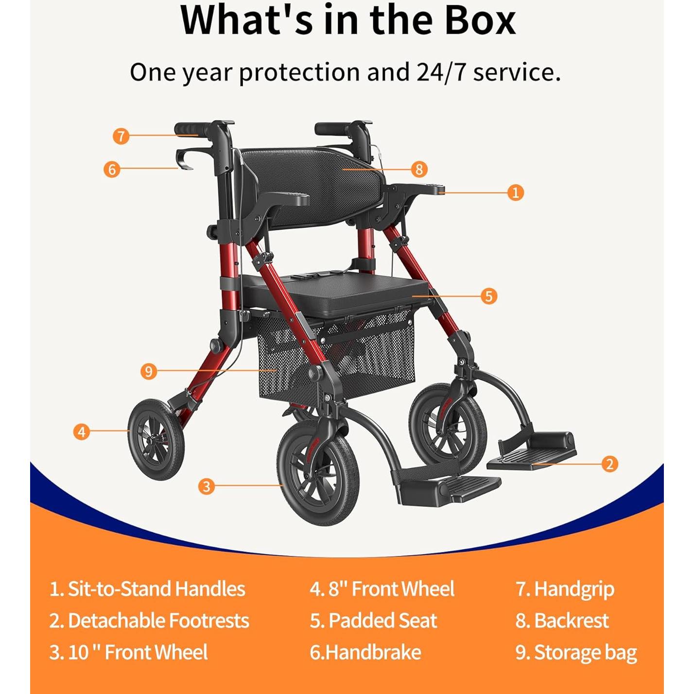 Caminador y Silla de Ruedas VOCIC Z51 2 en 1 Plegable Rojo