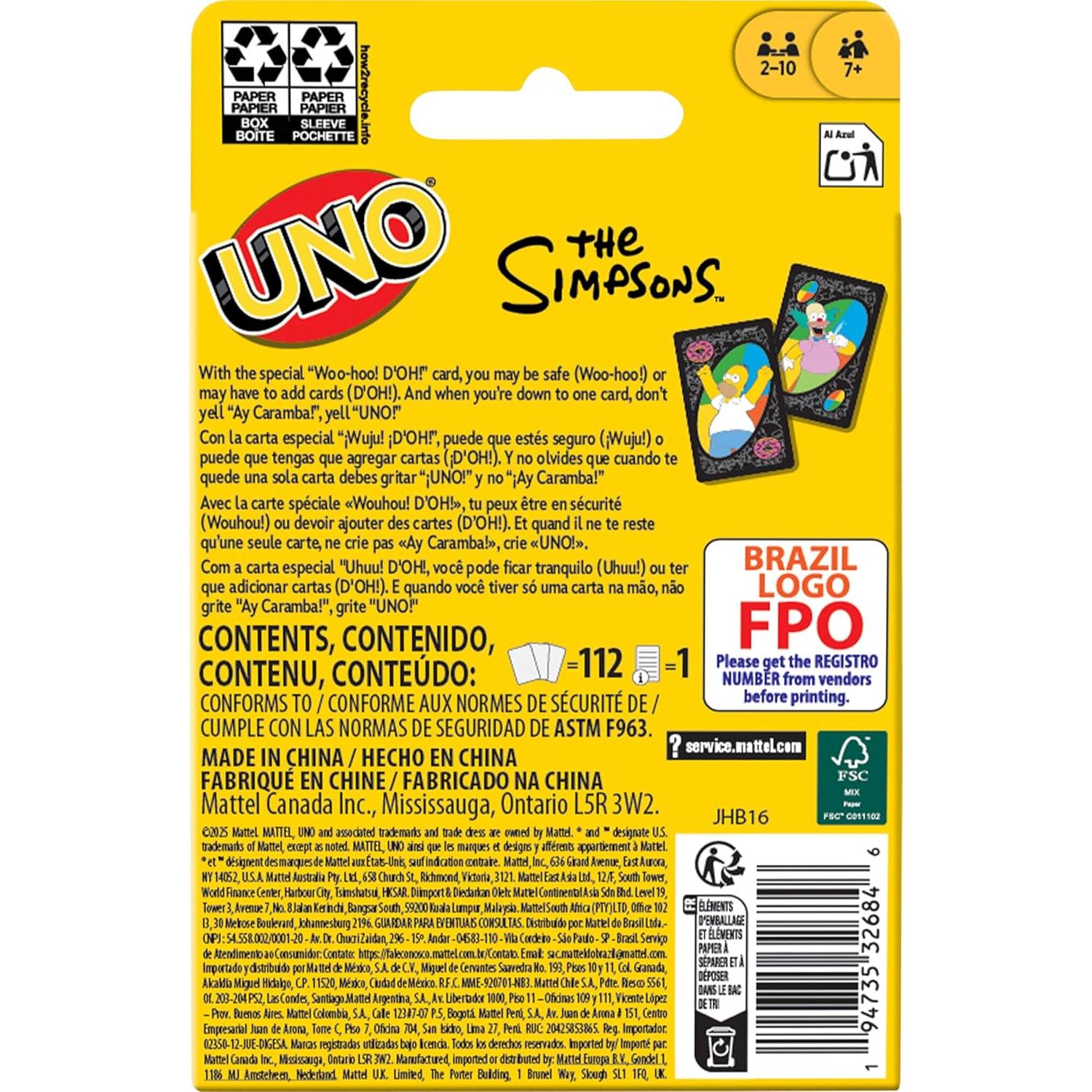 Juego de Cartas UNO Los Simpsons Mattel 2-10 Jugadores
