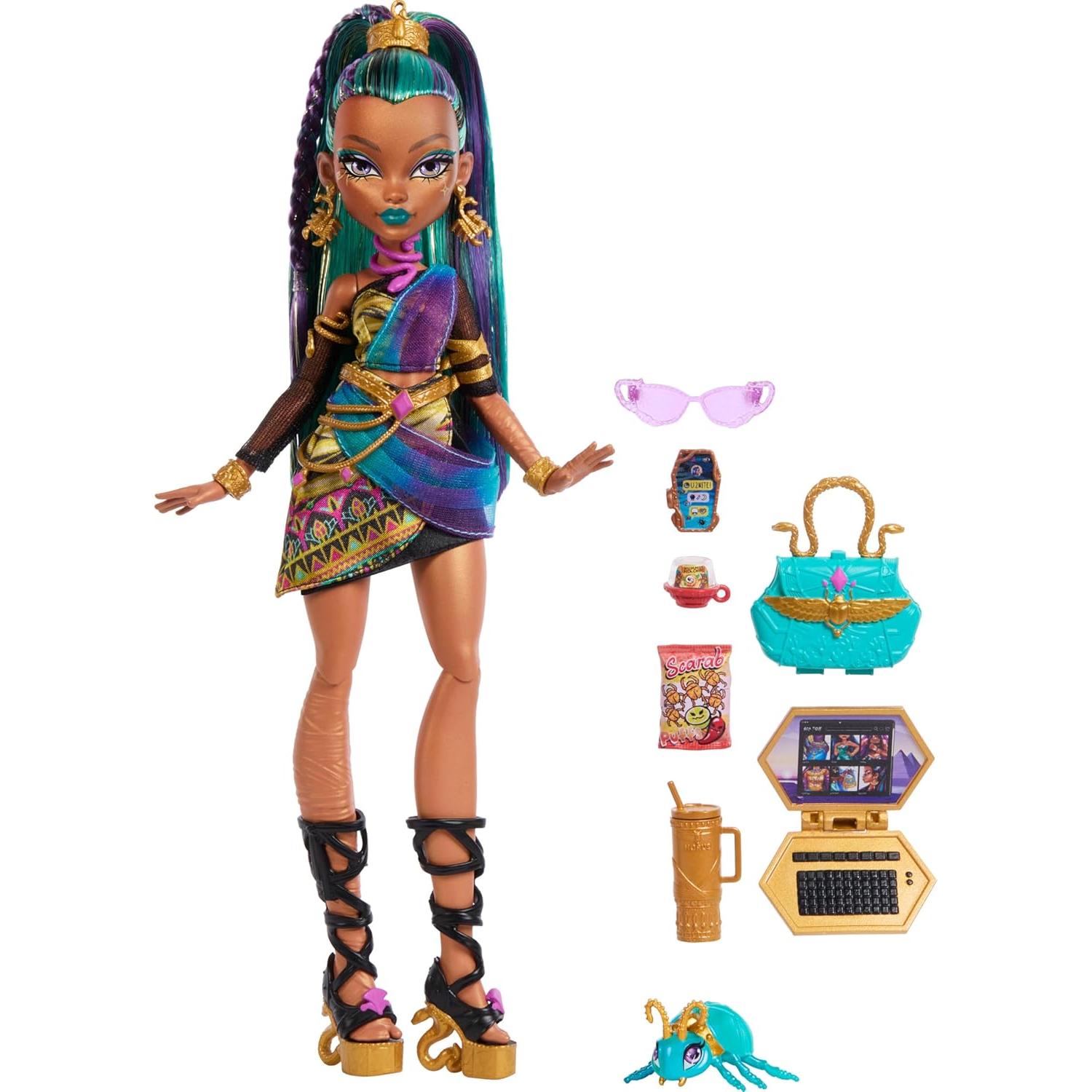 Muñeca Nefera De Nile Monster High con 7 Accesorios y Mascota