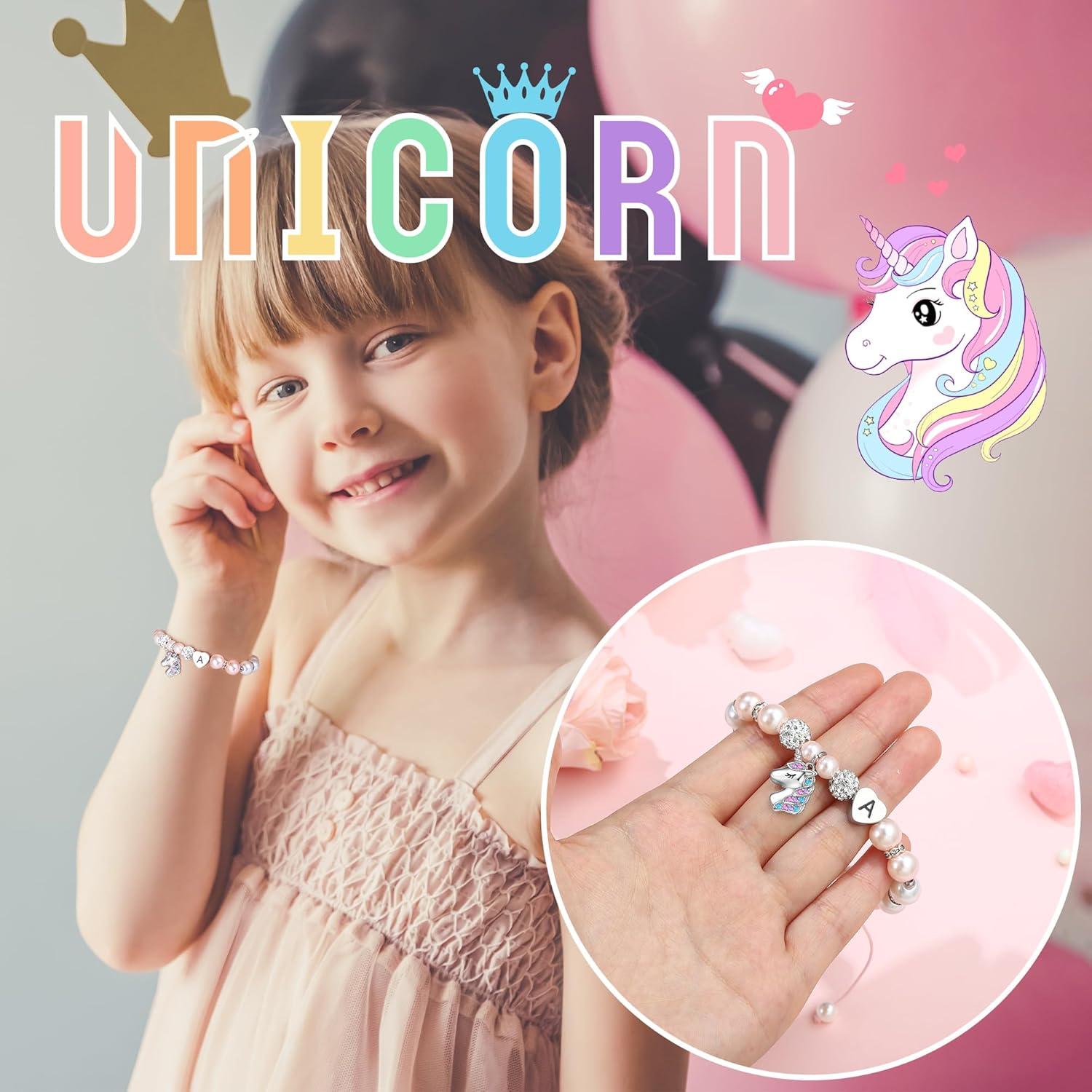 Pulsera de Unicornio Hidepoo para Niñas con Inicial y Perlas