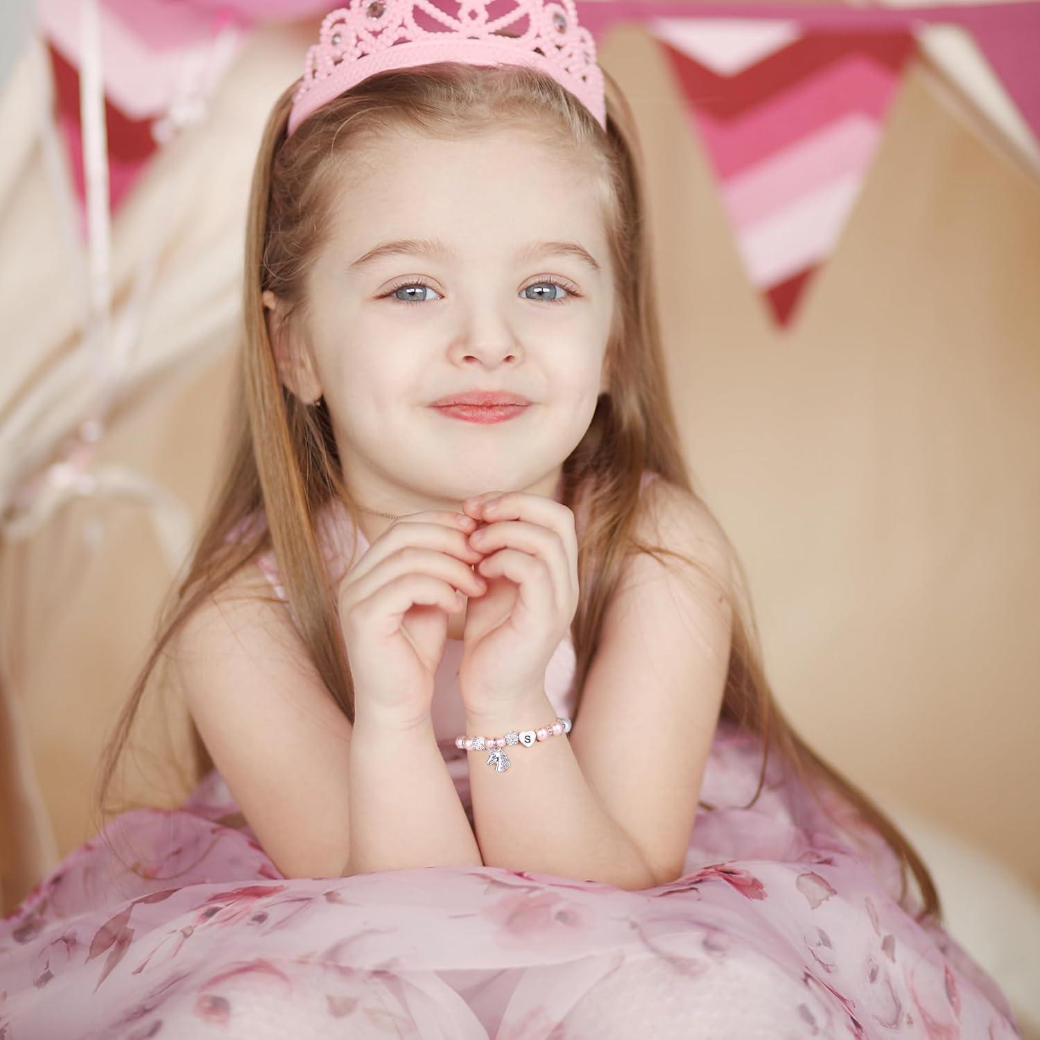 Pulsera de Unicornio Hidepoo para Niñas con Inicial y Perlas