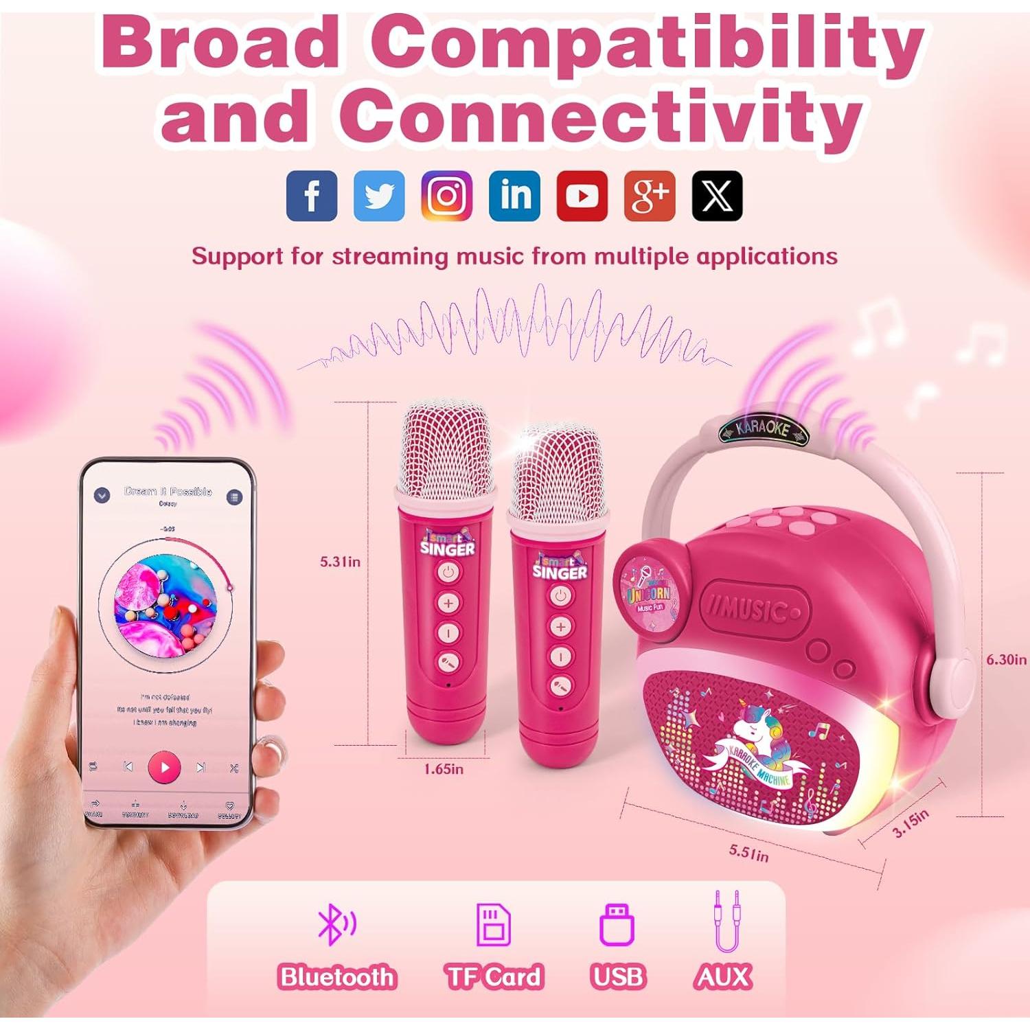 Mini Máquina de Karaoke Rosa para Niñas con Bluetooth y 2 Micrófonos