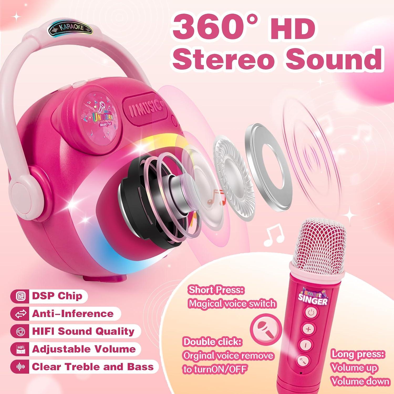 Mini Máquina de Karaoke Rosa para Niñas con Bluetooth y 2 Micrófonos